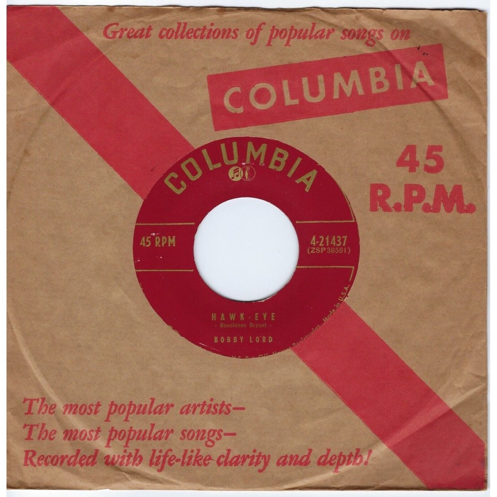Bobby Lord Vinyl 45 Hawk-Eye / I Can't Make My Dreams Understand NM Rockabilly